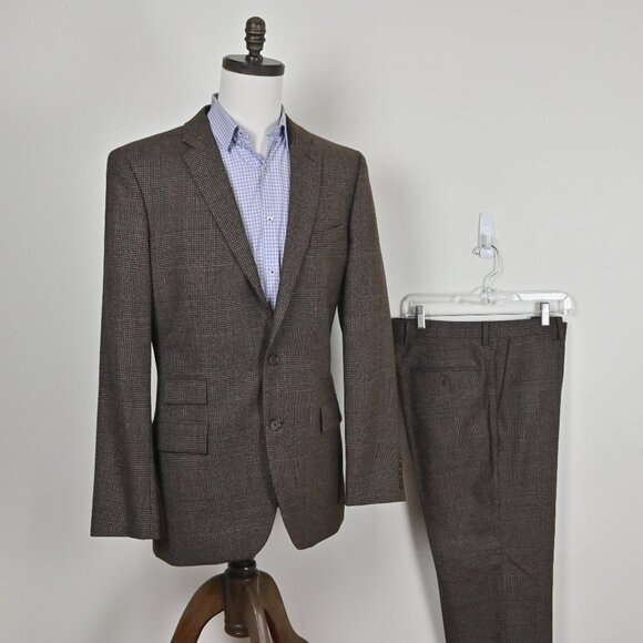 J. Crew Thompson Slim Fit Formal 100% Wool Check Brown Grey Suit Set 42L W34/L32 - Picture 1 of 16